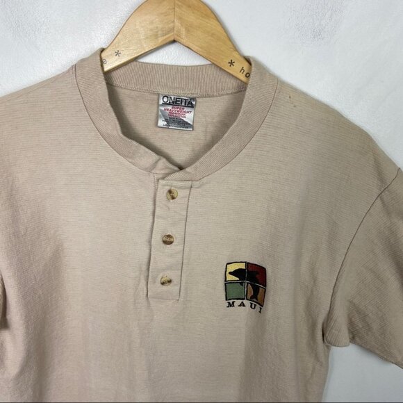 Vintage Tan Beige Short Sleeve Henley Shirt Maui Cotton Size Large Made in USA L - Picture 3 of 8